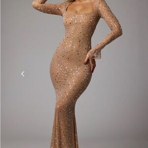 Oh Polly Isabeau

Sheer Embellished Long Sleeve Evening Gown in Almond